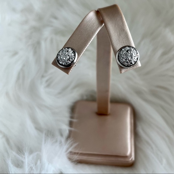 Metallic Silver Stainless Steel Druzy Stud Earrings - Picture 6 of 11